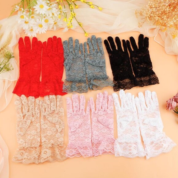 Women Pink Short Tea Wedding Bridal Fashion Opera Halloween Cosplay Lace Gloves - Picture 7 of 8